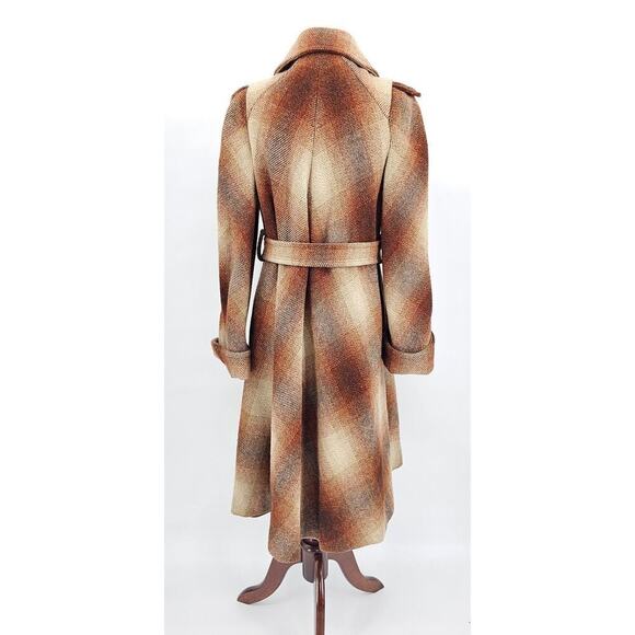 Vtg 70s Miss Gallery Women's S/M Brown & Tan Plaid Retro Wool Trench Coat w/Belt - Picture 3 of 12